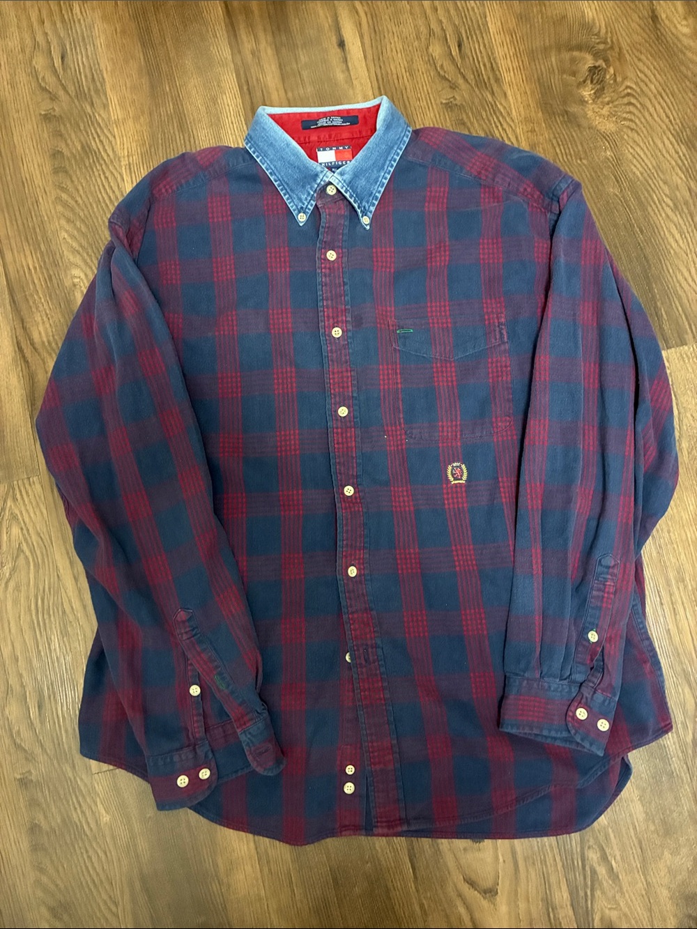 Vintage 90s Tommy Hilfiger Plaid Button Down Shirt Denim Collar Made in Saipan